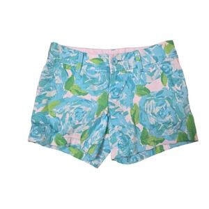 Lilly Pulitzer Callahan Shorts Womens 00 Blue Green Floral Rose Print Dobby Prep